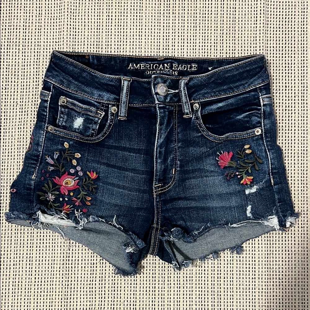 American Eagle Outfitters Floral Embroidered Jean Shorts - Dark Blue